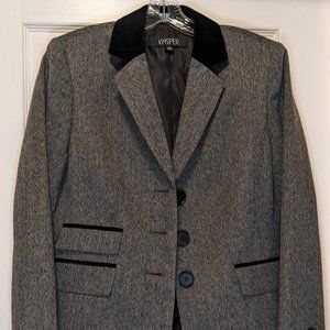 Kasper- Blazer- 3 Button- Gray Herringbone With Black Velvet Collar- Size 10